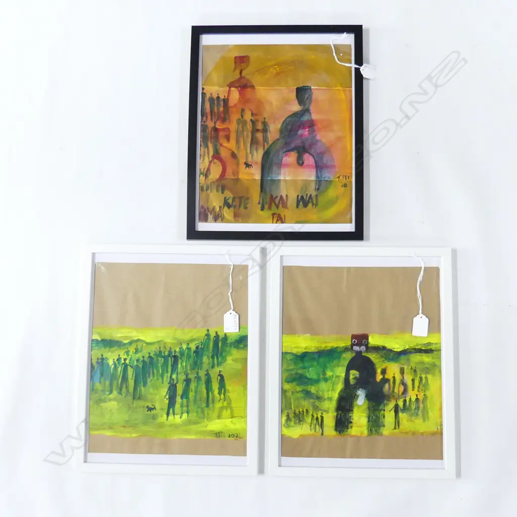 3 TAME ITI ARTWORKS (NZ b.1951); CHILDREN OF THE MIST, KETE KAI PAI WAI, UNTITLED, ACRYLIC ON PAPER 345x270mm Image 1++