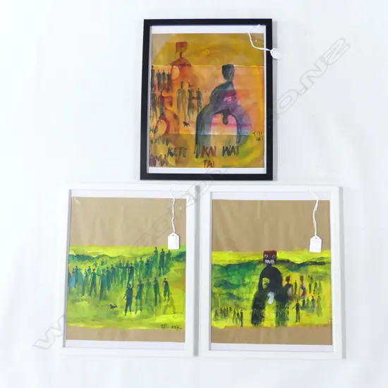 3 TAME ITI ARTWORKS (NZ b.1951); CHILDREN OF THE MIST, KETE KAI PAI WAI, UNTITLED, ACRYLIC ON PAPER 345x270mm