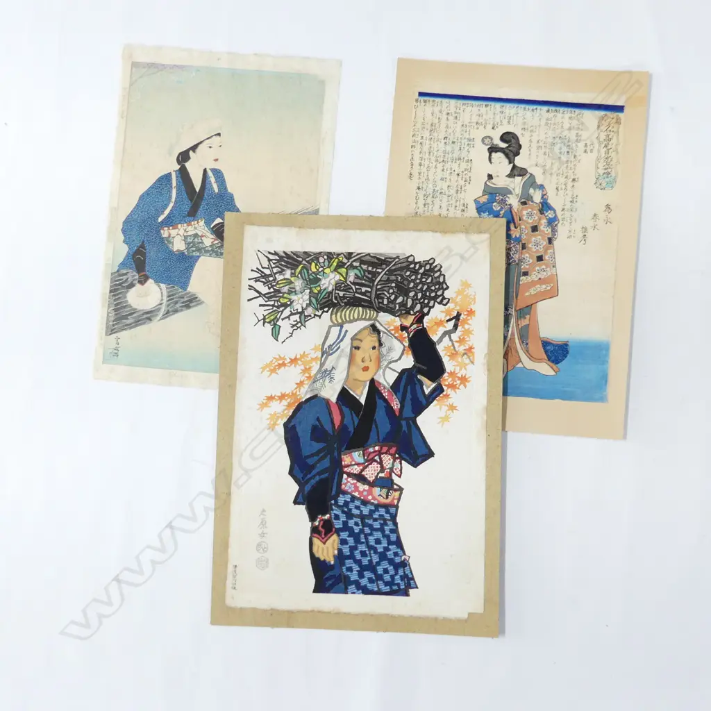 3 JAPANESE PRINTS INCL. WOODBLOCK LARGEST 410x280mm ALL UNFRAMED Image 1++