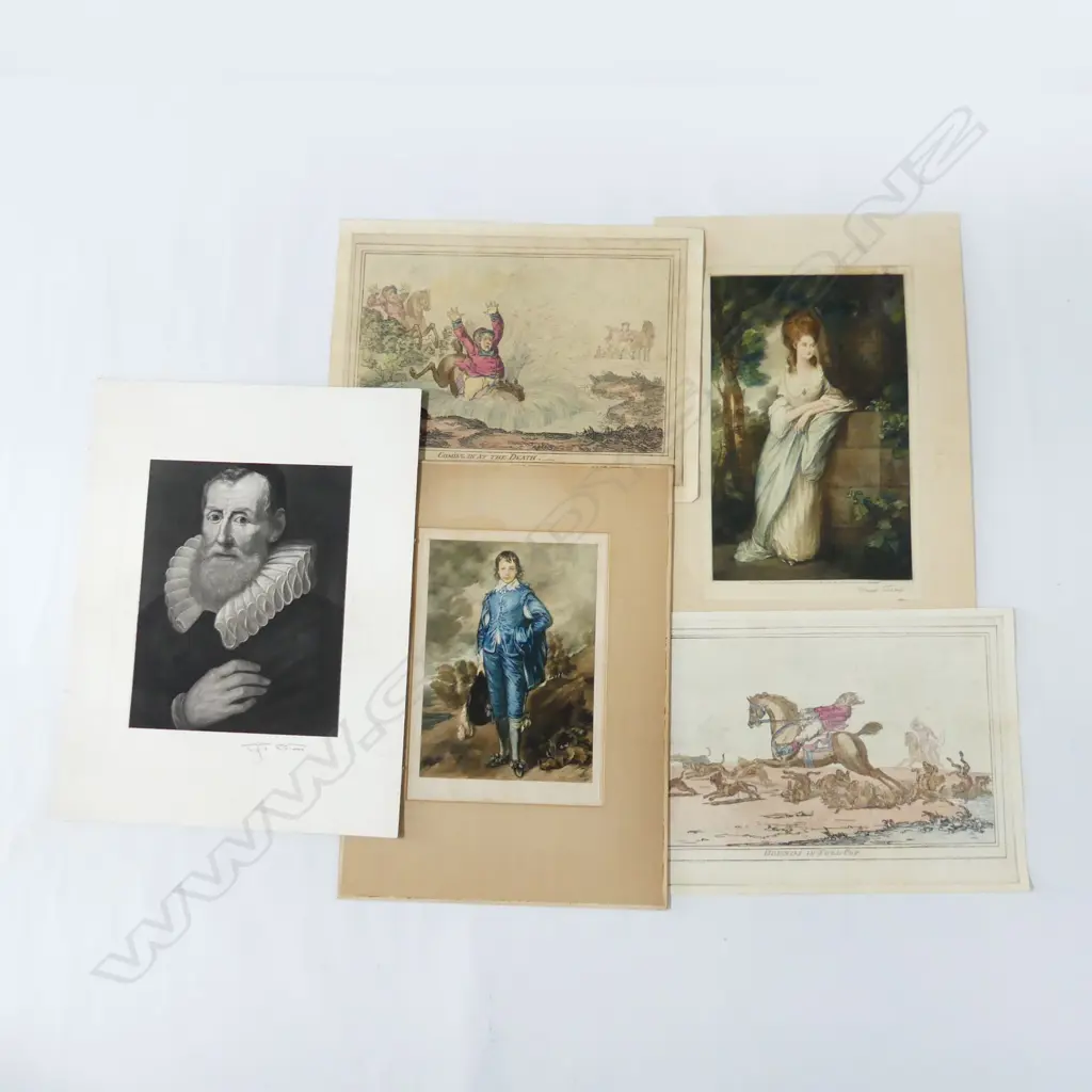 5 19thC PRINTS; 3 SIGNED PORTRAITS, PR HUNTING SCENES; HOUNDS IN FULL CRY & COMING IN AT THE DEATH 285x390mm UNFRAMED Image 1++