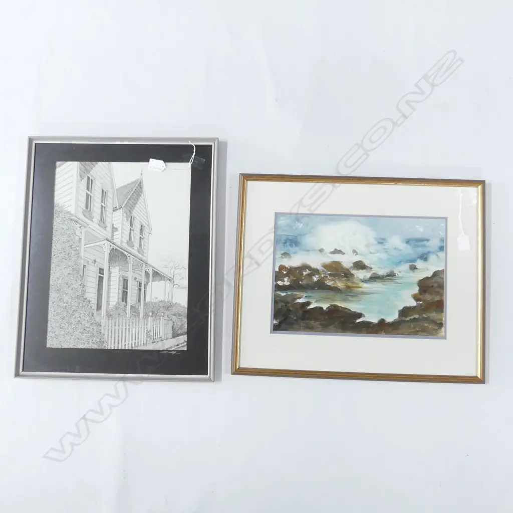 2 SIGNED ARTWORKS; COASTAL W/C 240x350mm, COLONIAL HOUSES ETCHING 395x290mm Image 1++