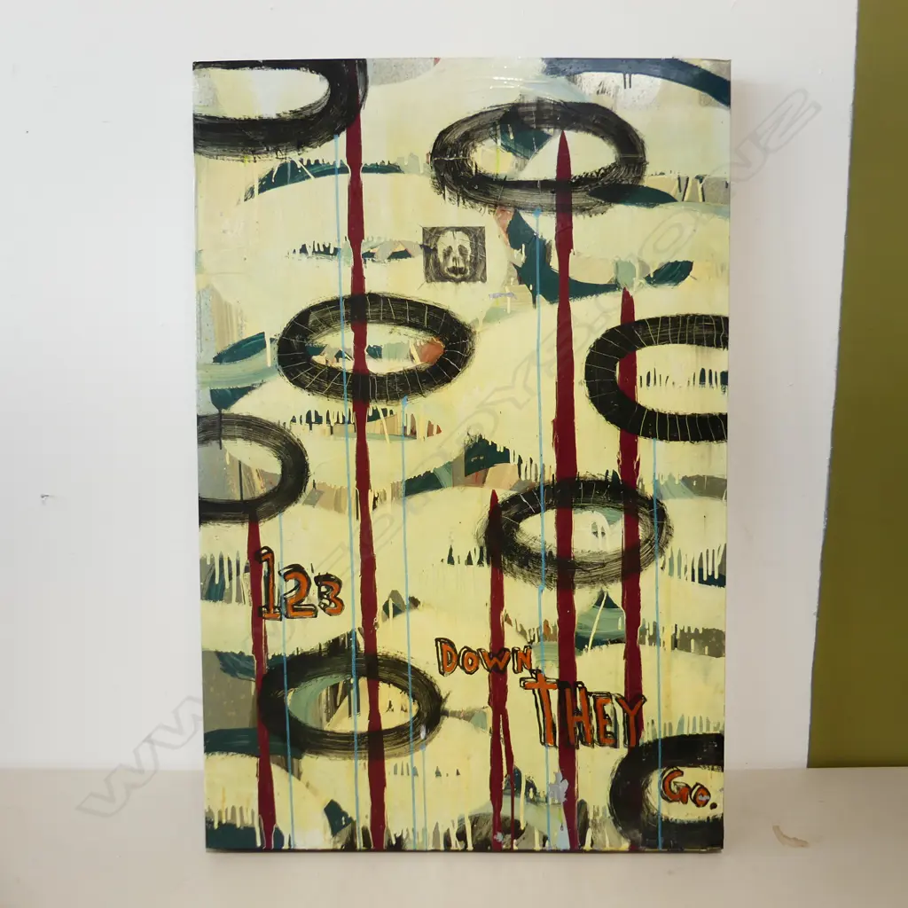ARTIST UNKNOWN ACRYLIC ON METAL PANEL TITLED 123 DOWN THEY GO 120 X 800 MM Image 1++