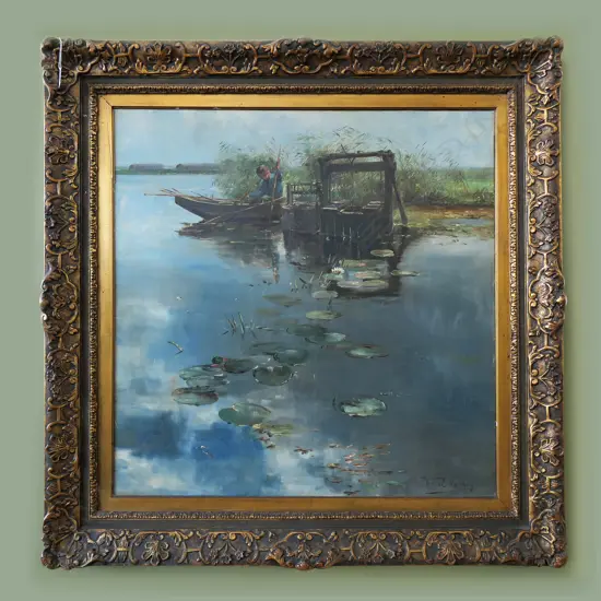 WILLEM ELISA ROELOFS (DUTCH 1874-1940), LONE FISHERMAN, OIL ON CANVAS 790x785mm