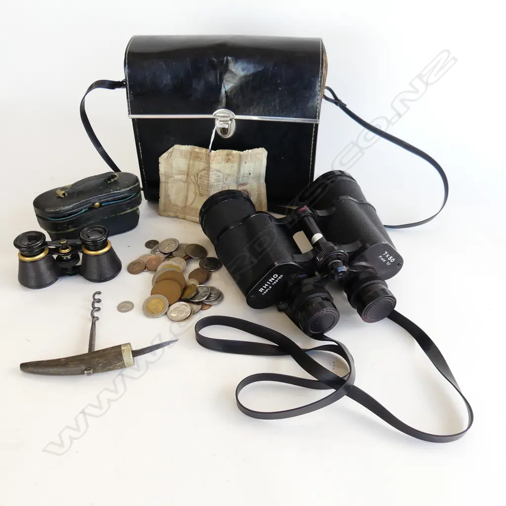 RHINO BINOCULARS, CASED, SKEATES BROS. OPERA GLASSES, CASED + ASST. WORLD COINS, WINE CORKER Image 1++