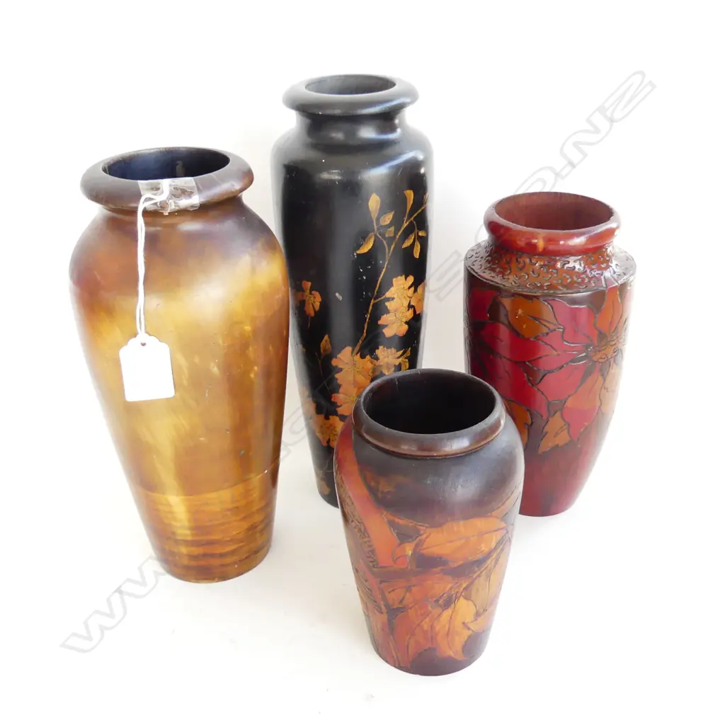 4 CARVED & PAINTED WOODEN VASES TALLEST 250MM Image 1++