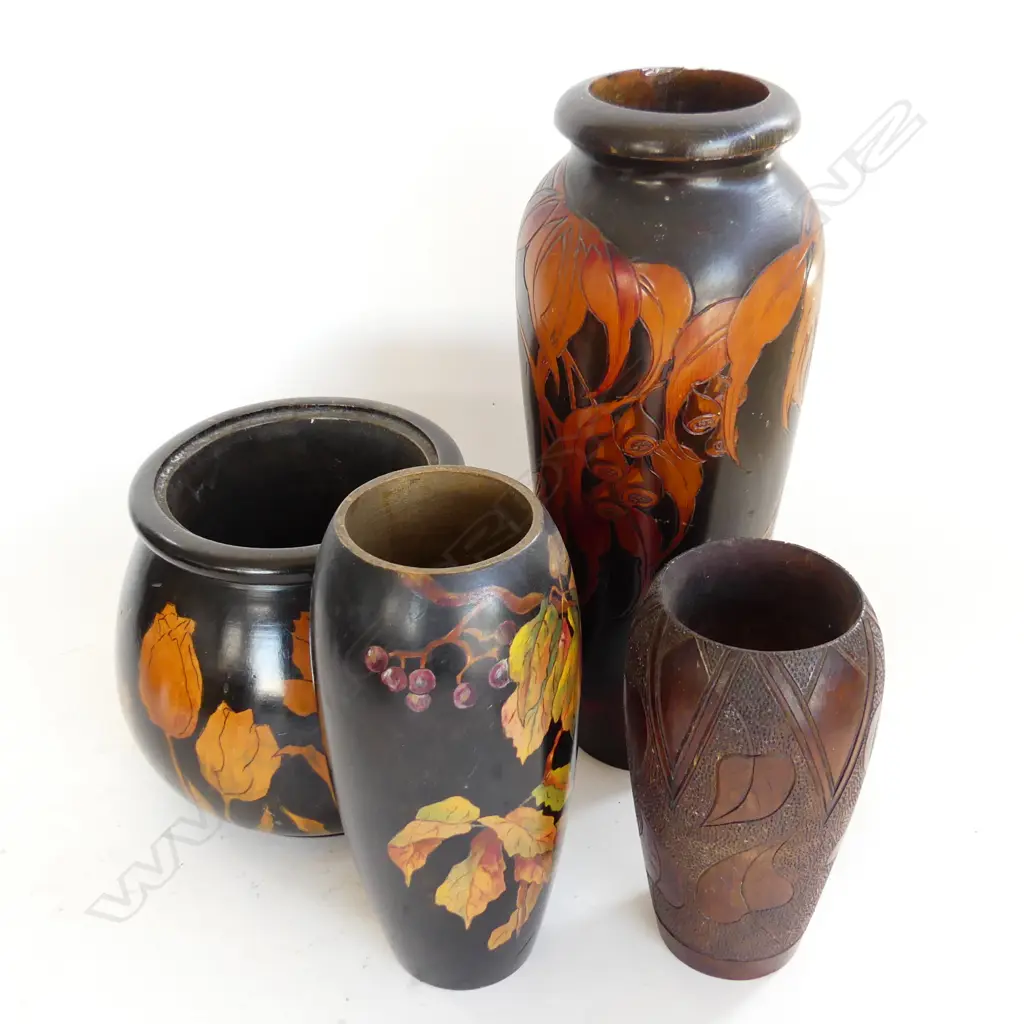 CARVED/PAINTED WOODEN VASES  4 TALLEST 315MM Image 1++