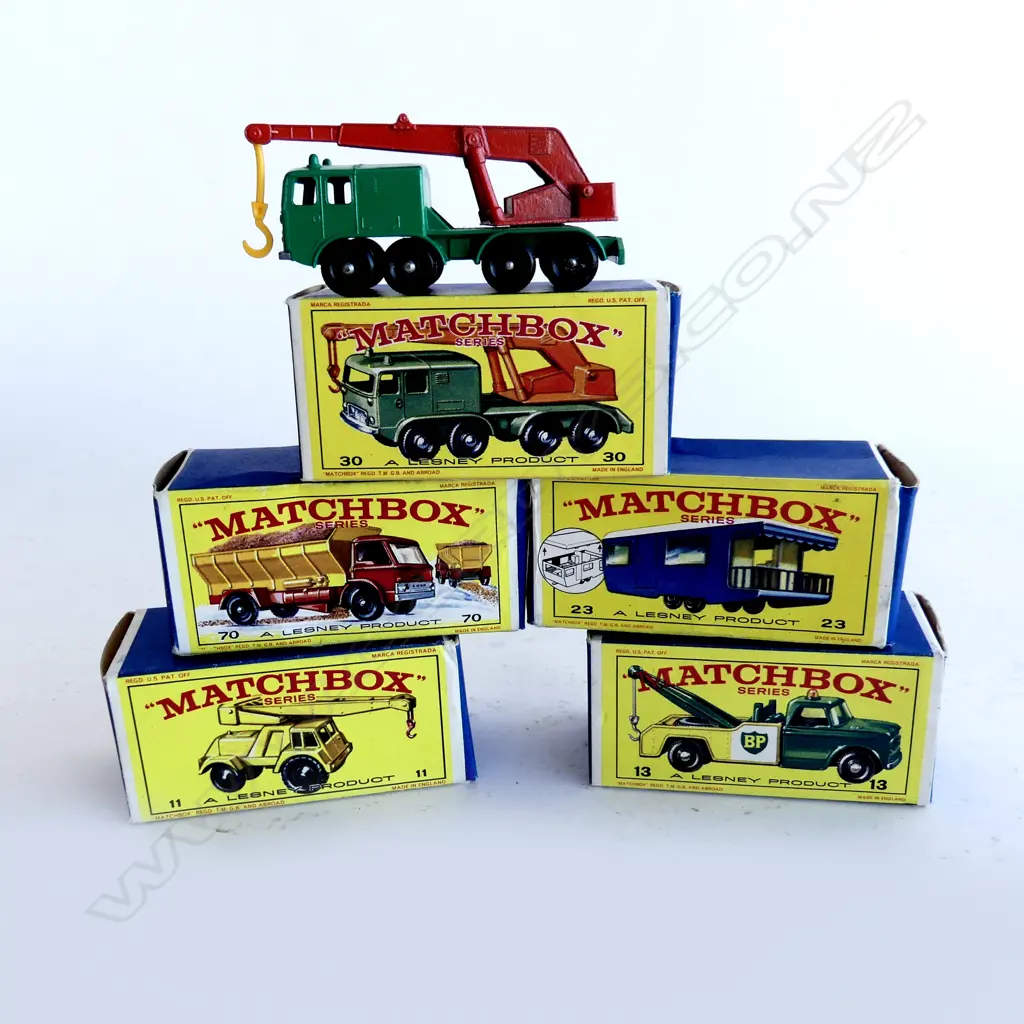 5 VINTAGE BOXED MATCHBOX SERIES; NOS. 11, 13, 23, 30, 70 Image 1++