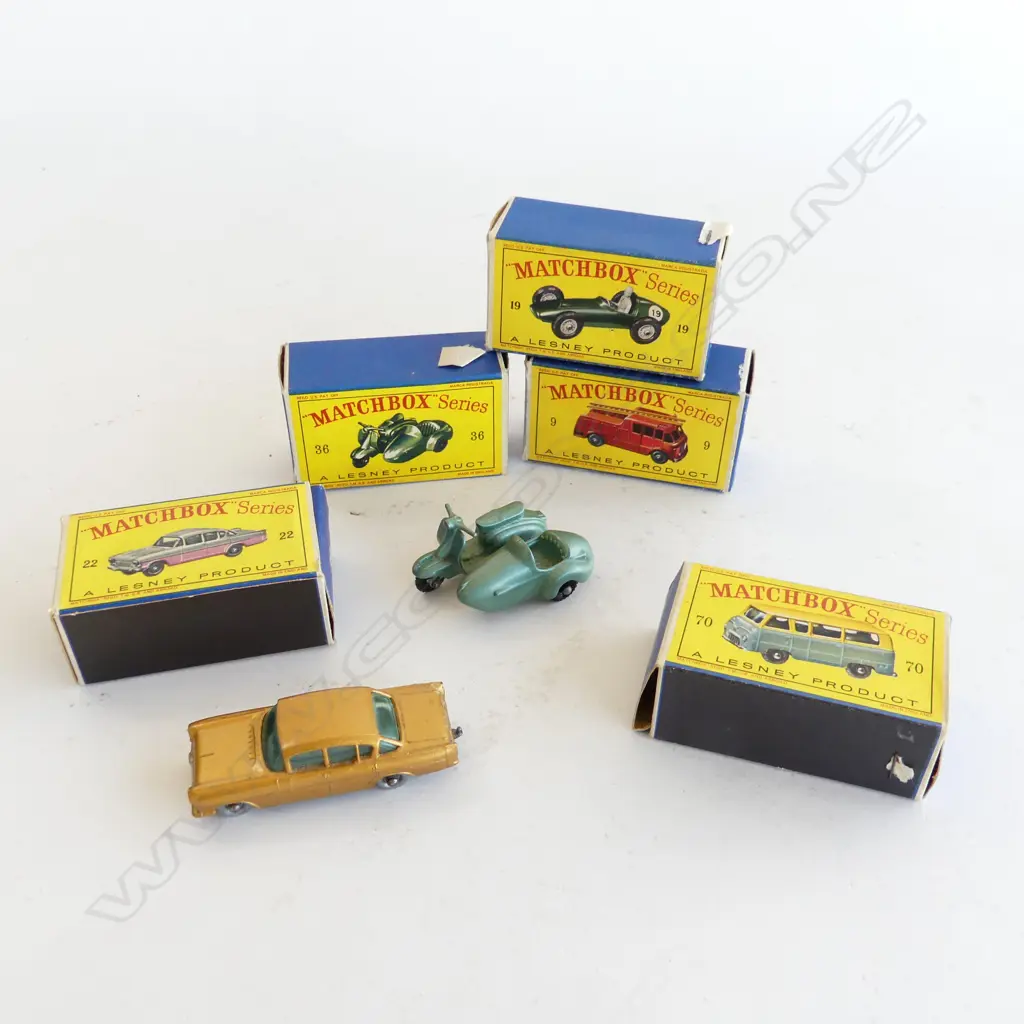 5 VINTAGE BOXED MATCHBOX SERIES; NOS. 9, 19, 22, 36, 70 Image 1++
