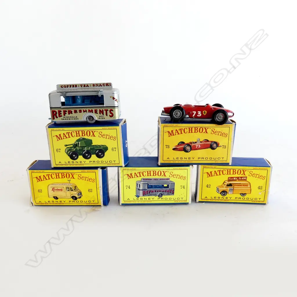 5 VINTAGE BOXED MATCHBOX SERIES CARS; NOS. 42, 62, 67, 74 73 Image 1++