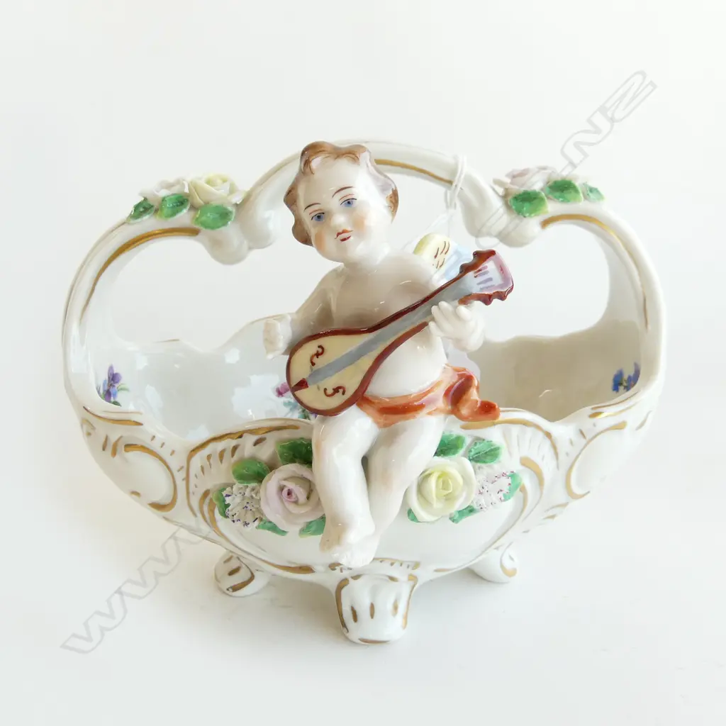 GERMAN DRESDEN PORCELAIN HAND PAINTED FLORAL BASKET WITH CHERUB PLAYING MANDOLIN L. 190mm Image 1++
