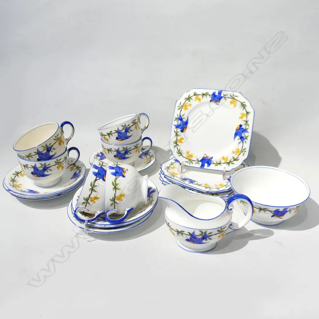AYNSLEY BLUE BIRD PART TEA SET; JUG & BOWL, 5 TRIOS + 1 C&S + EXTRA SAUCER Image 1++