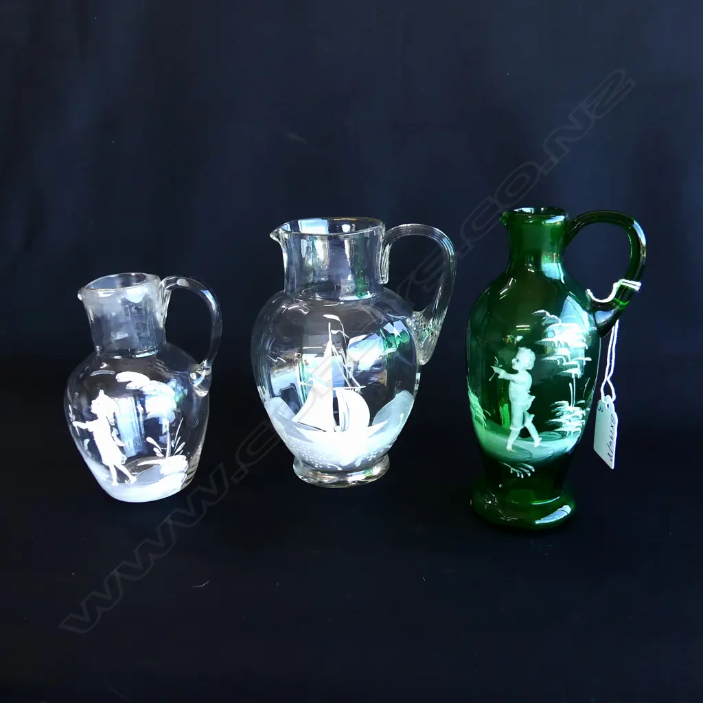 3 MARY GREGORY VICTORIAN GLASS JUGS – TWO WITH CHILDREN, ONE WITH SHIP Image 1++