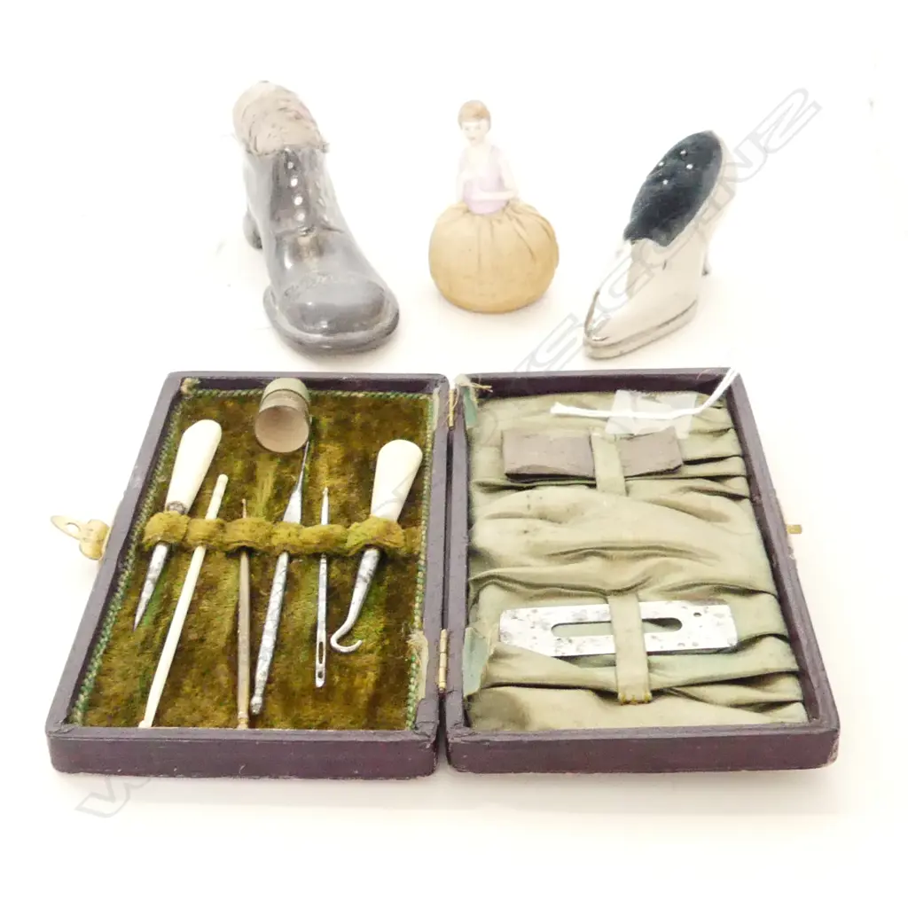 3 VINTAGE PIN CUSHIONS; 2 SILVER PLATE SHOES (L130, 105mm) & 1/2 DOLL PIN CUSHION & OLD CASED SEWING KIT  Image 1++