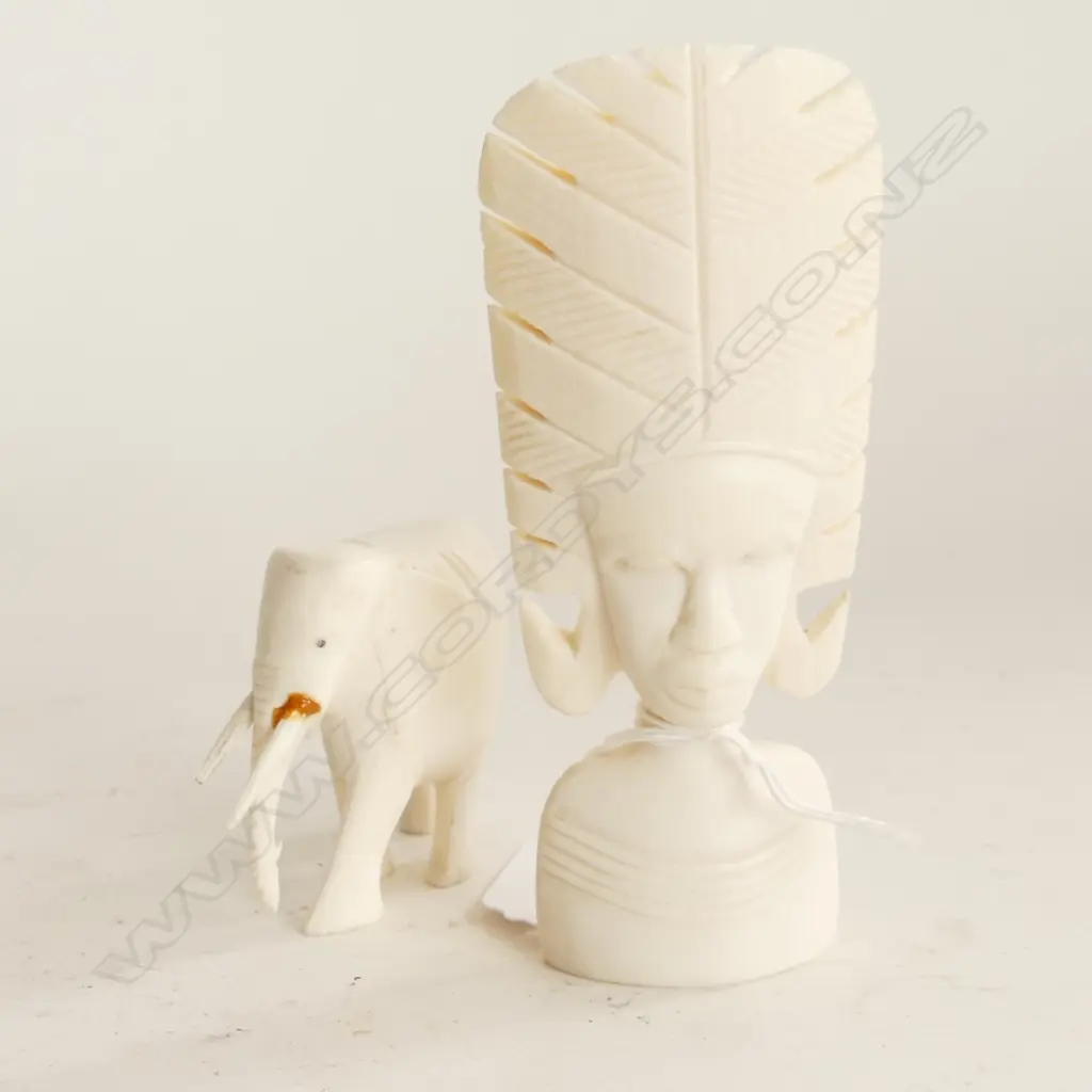 2 PCES CARVED IVORY; ELEPHANT & AFRICAN BUST H.120mm Image 1++