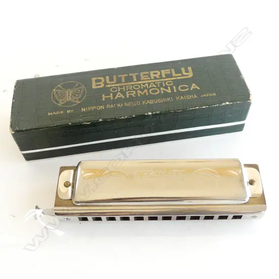 VINTAGE BUTTERFLY CHROMATIC HARMONICA IN ORIGINAL BOX L. 180mm