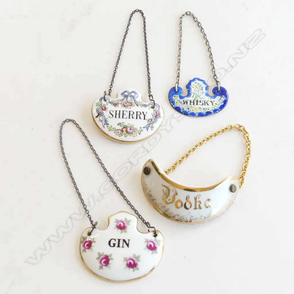 4 PORCELAIN & ENAMEL DECANTER LABELS – GIN, SHERRY, VODKA & WHISKY BY CROWN STAFFORDSHIRE, ROYAL ADDERLEY ETC. Image 1++