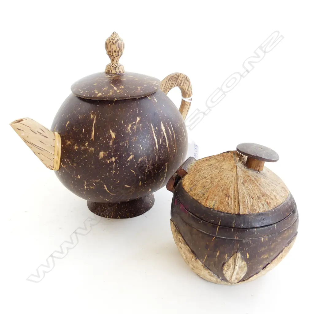 WHIMSICAL FOLK ART COCONUT SHELL TEAPOT & LIDDED SUGAR BOWL  Image 1++