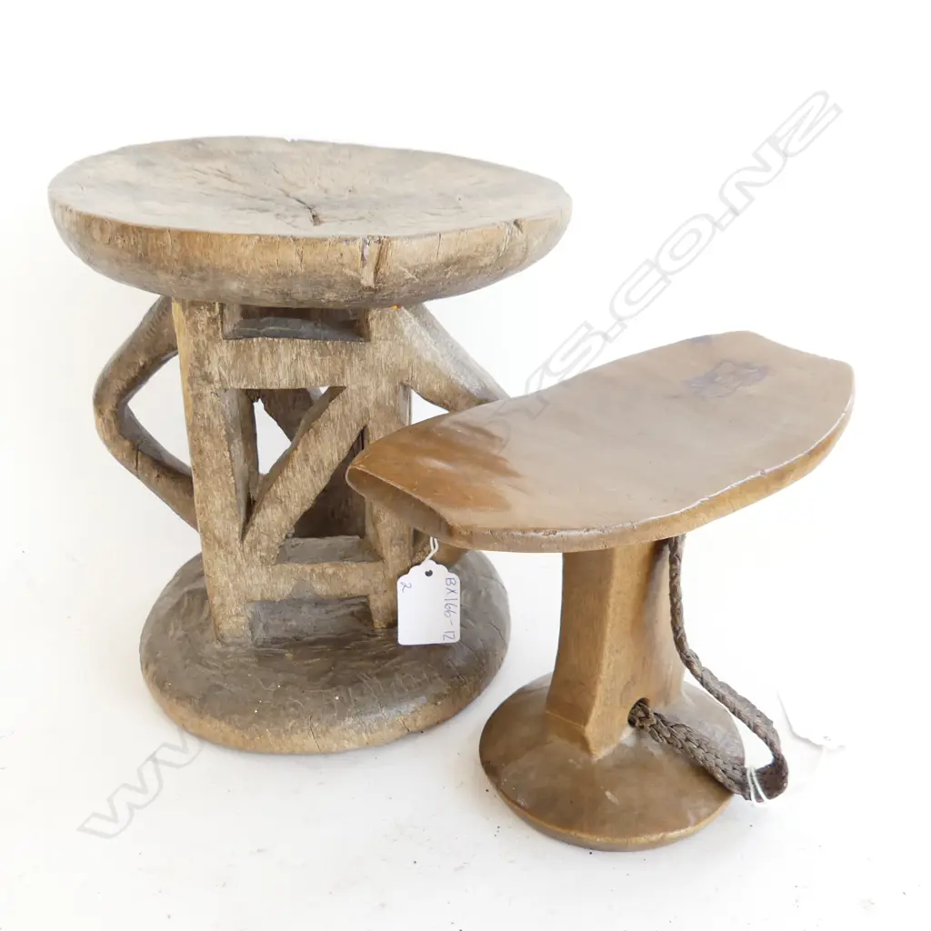 CENTRAL AFRICAN TSONG STOOL (H210 DIA 190mm) & KENYAN WOODEN POKOT HEADREST (150 X 190mm)... Image 1++