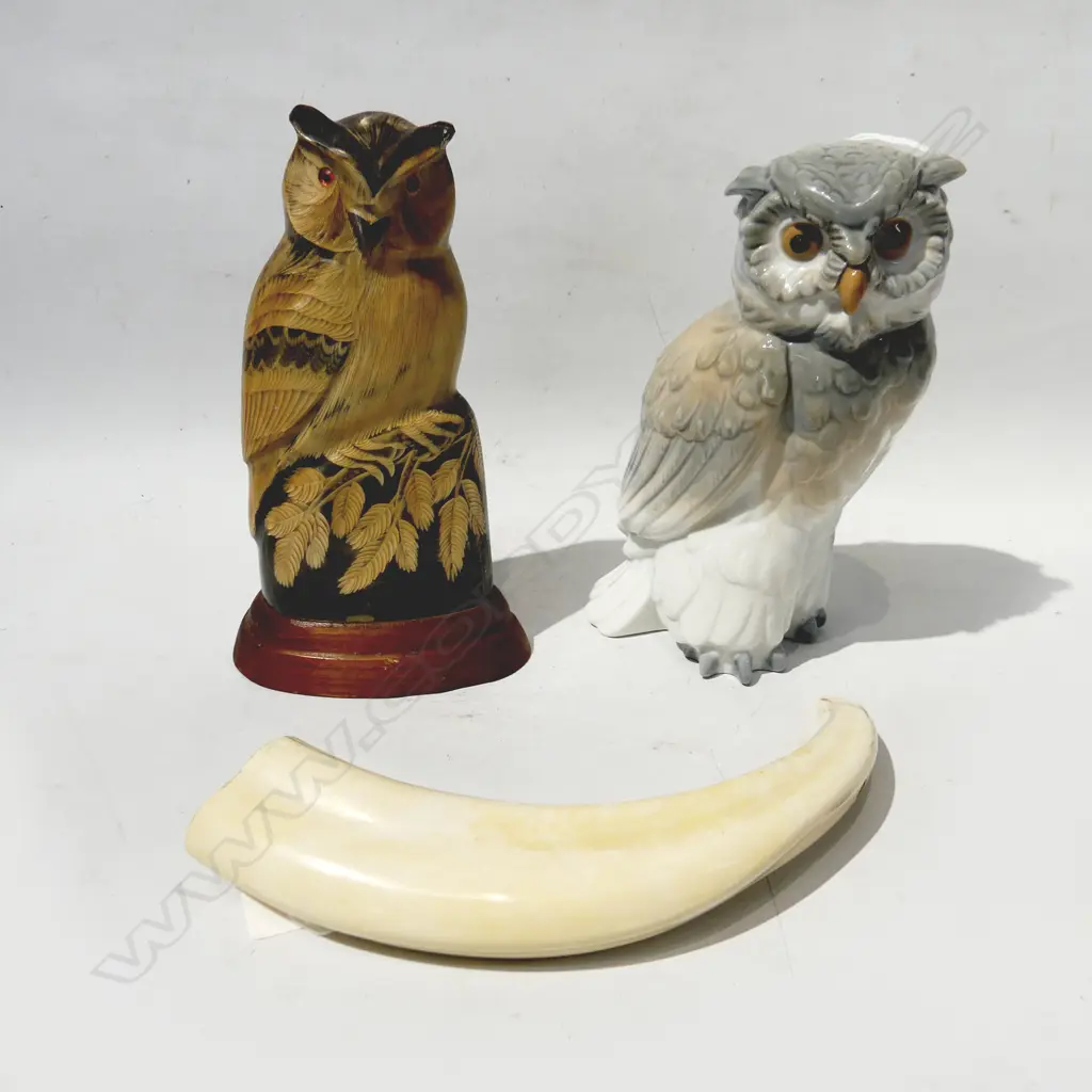 2 OWL ORNAMENTS; NAO & CARVED HORN H.180mm + ANIMAL TUSK W.200mm Image 1++