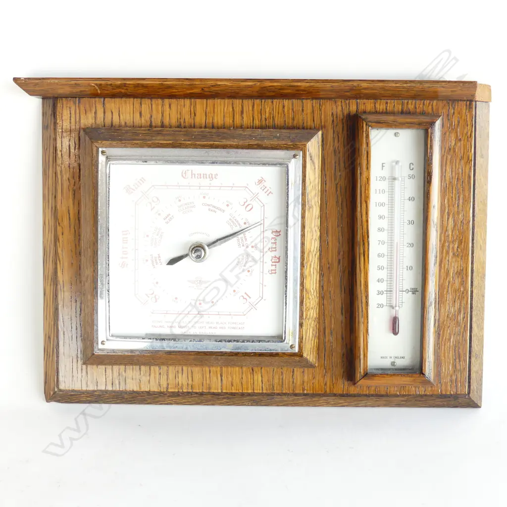 OAK FRAMED WALL BAROMETER & THERMOMETER, MADE IN ENGLAND 295 X 215mm - top of frame a/f Image 1++