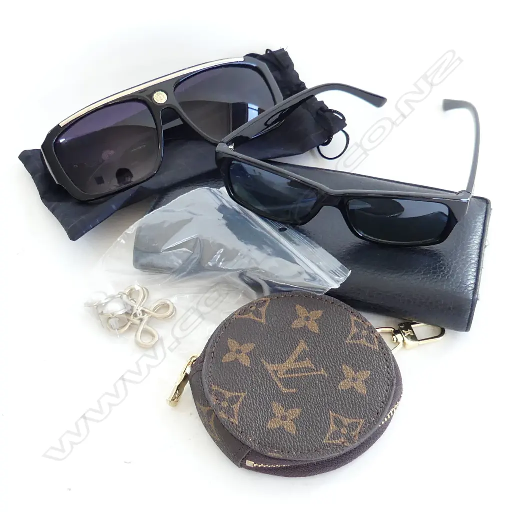 BAG ASST FAUX DESIGNER ITEMS; 2 PR SUNGLASSES, LADIES WALLET & COIN PURSE & LG DROP EARRINGS Image 1++