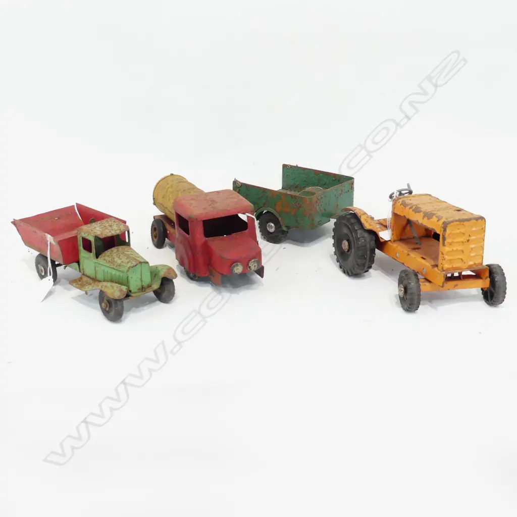 2 VINTAGE TIN TOY TRUCKS L280MM & TRACTOR WITH TRAILER  L440 TOGETHER Image 1++
