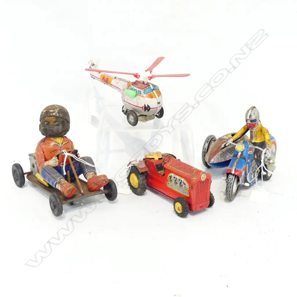 4 VINTAGE TIN TOYS GO KART L170MM TRACTOR L140MM HELICOPTER L170MM & MOTORBIKE WITH SIDECAR L180MM Image 1++