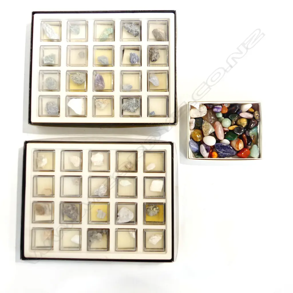 BOX MIXED  POLISHED GEMSTONES + 2 BOXES COLLECTABLE ROCK SAMPLES;  EACH WITH 20 INDIV. SAMPLES Image 1++