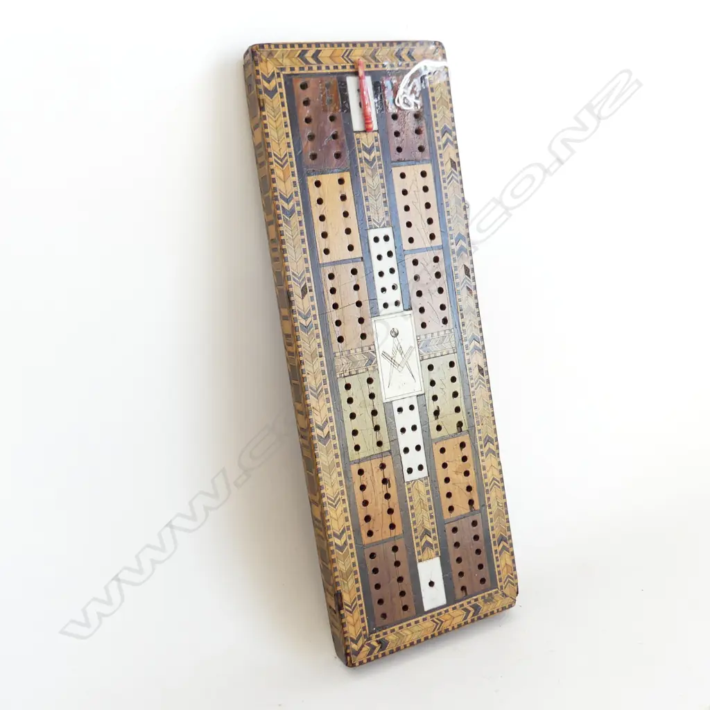 VICTORIAN MASONIC TUNBRIDGE WARE CRIBBAGE BOARD WITH IVORY INLAY. L. 300mm Image 1++