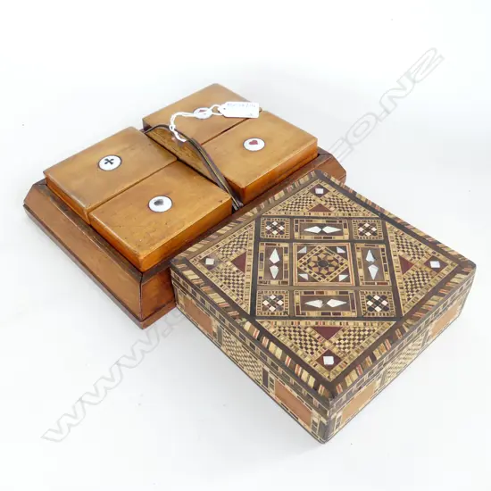 EARLY 20thC FRUITWOOD GAMING CARDS TRAY 225x170mm + INLAID WOODEN BOX 145x145mm