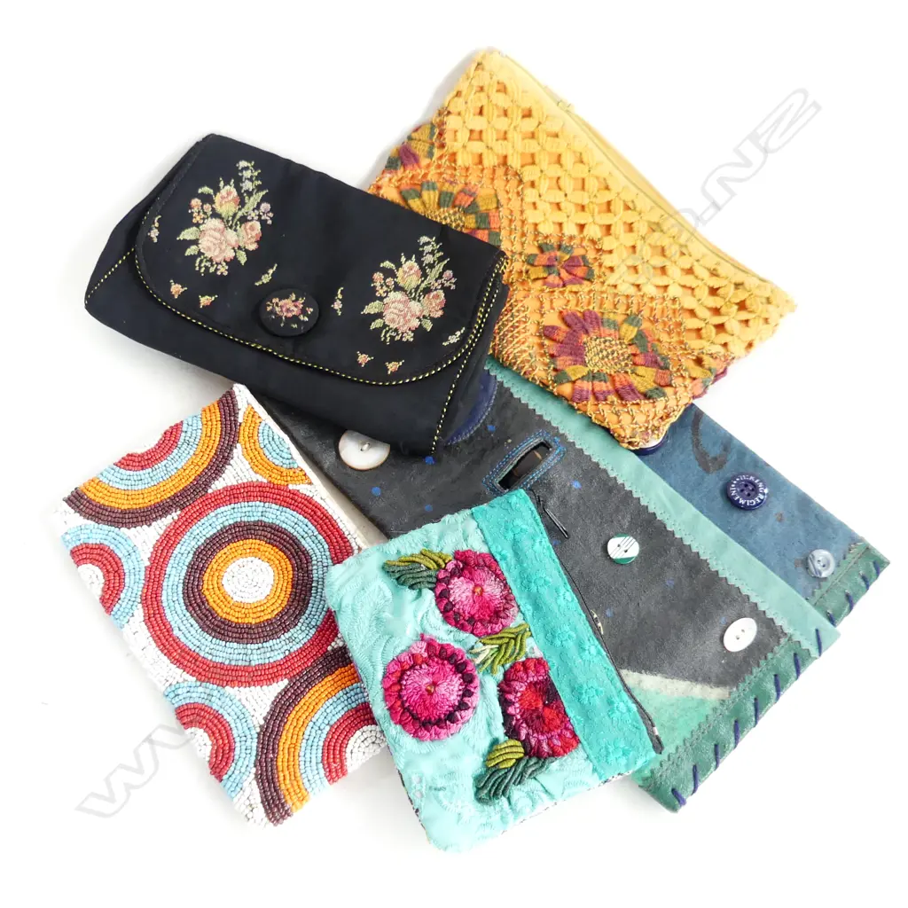 5 CLUTCH BAGS & PURSES; AFRICAN BEADED, HANDPAINTED CLUTCH WITH BUTTONS, FRENCH 1920's SILK, PETIT POINT EMBROIDERED... Image 1++