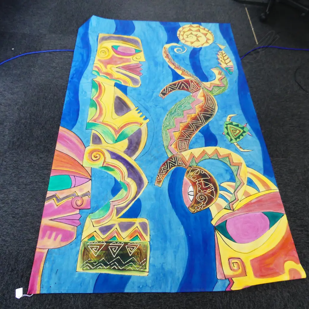 IAN GEORGE 'TANGAROA AND MOKO' PAINT ON COTTON 1998 2000x1150mm... Image 1++