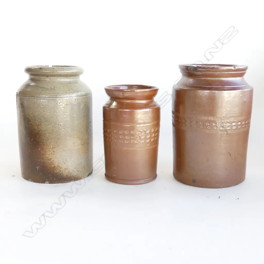 PR COLONIAL SALT GLAZED JARS (H.170, 220mm) a/f & LAMBERTS STONEWARE JAR (H. 210mm)  Image 1++