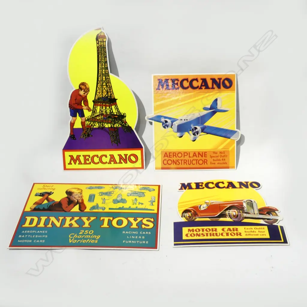 4 HARD CARDBOARD ADVERTISING SIGNS, 1 DINKY TOYS & 3 MECCANO Image 1++
