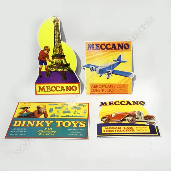 4 HARD CARDBOARD ADVERTISING SIGNS, 1 DINKY TOYS & 3 MECCANO