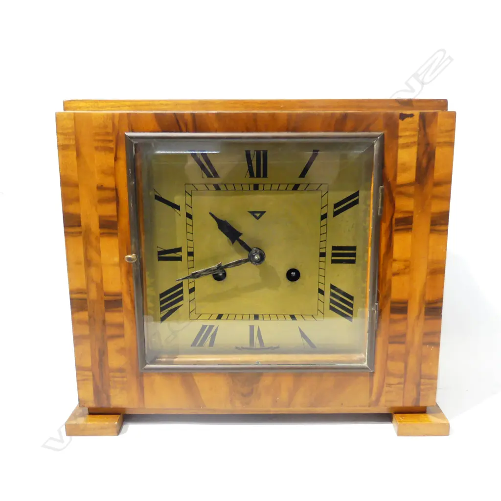 QUALITY ART DECO WALNUT CASED MANTLE CLOCK H.253mm.brass dial. w key & pendulum. gong strike Image 1++