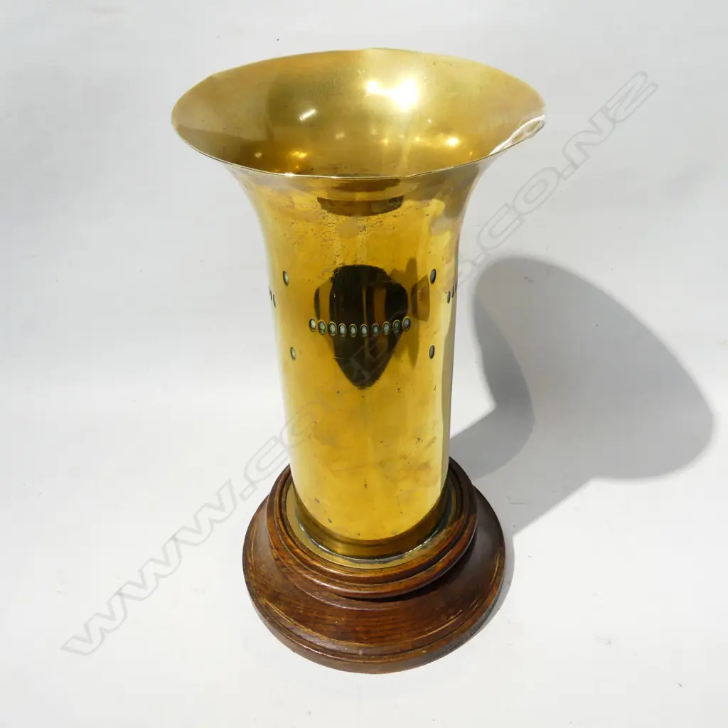TRENCH ART BRASS SHELL CASING VASE, WOODEN BASE, H. 363mm Image 1++