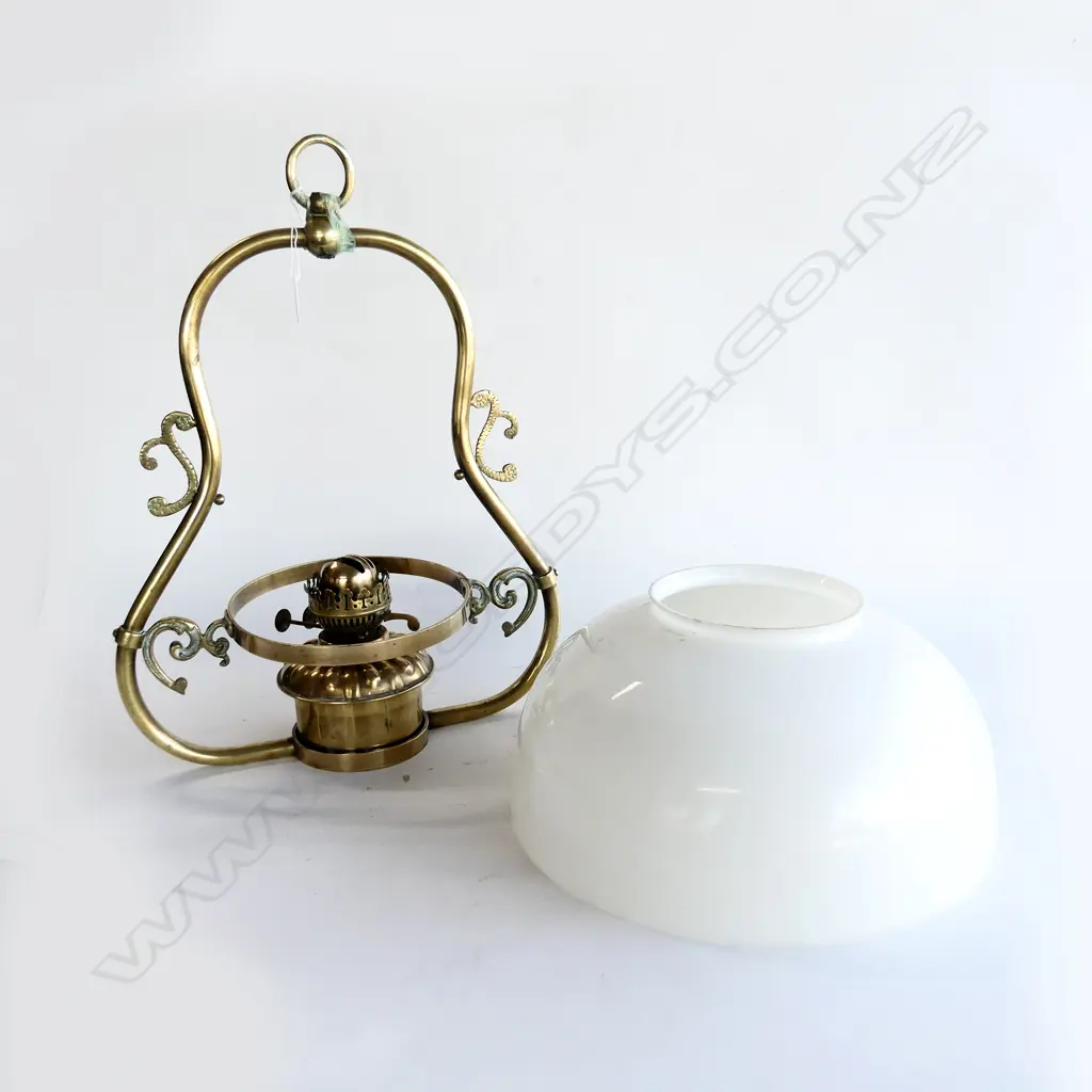 BRASS KEROSENE LAMP (H.520mm)+ NON MATCHING MILK GLASS SHADE,DIA.350mm Image 1++