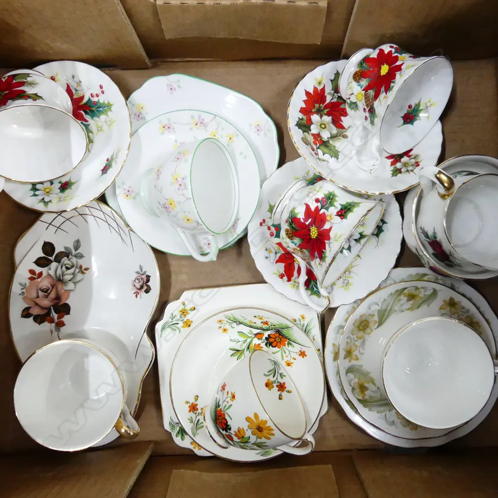 BOX LOT – ASSORTED CUPS, SAUCERS & PLATE SETS ROYAL ALBERT ETC Image 1++