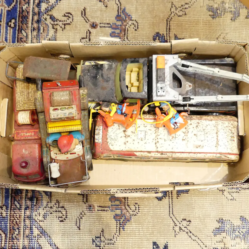 BOX LOT VINTAGE TOYS BUS TRUCK FIRE ENGINE ETC Image 1++