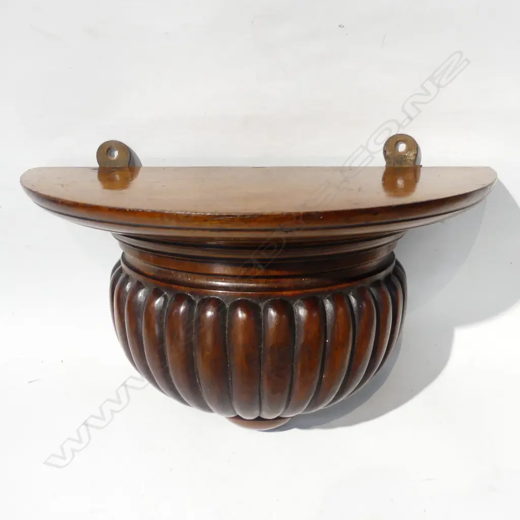 C1900 SOLID MAHOGANY DEMI LUNE WALL BRACKET turned & lobed W.340mm Image 1++