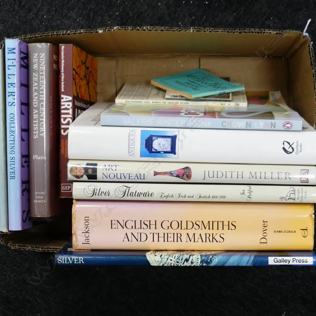 BOX LOT ASST. BOOKS; ANTIQUES, SILVER, ART ETC Image 1++