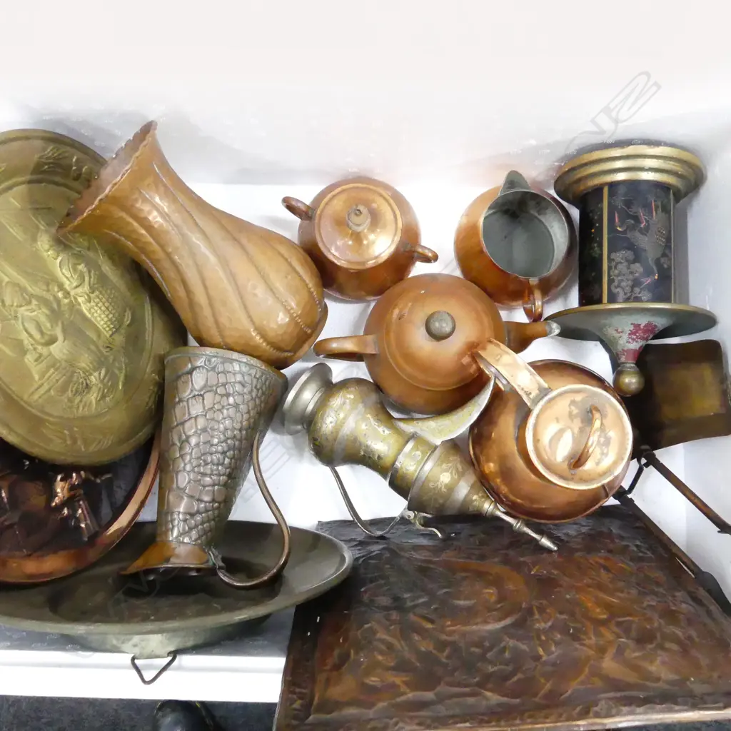 BOX OF COPPER & BRASS – TUI & KOWHAI PLAQUE, COFFEE POT, TEA SET, CIGARETTE DISPENSER, VASE, JUG, DISHES, FIRE TOOLS Image 1++