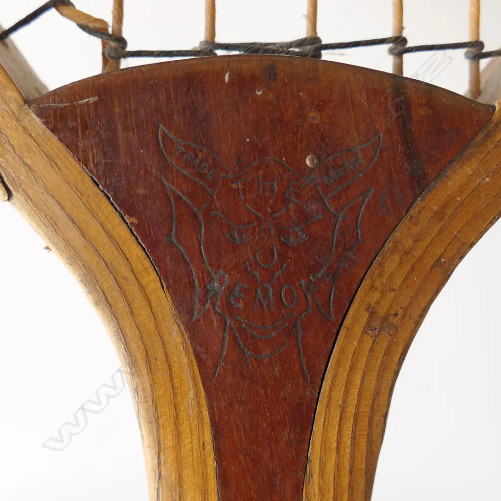 ANTIQUE 'THE DEMON'  'FISH TAIL' TENNIS RACKET. Stamped details. L.690mm Image 1++