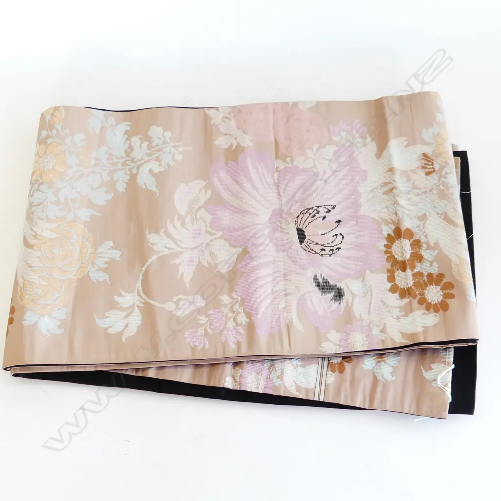 VINTAGE JAPANESE SILK OBI DUSKY PINK WITH FLORAL PATTERN L.3650mm Image 1++