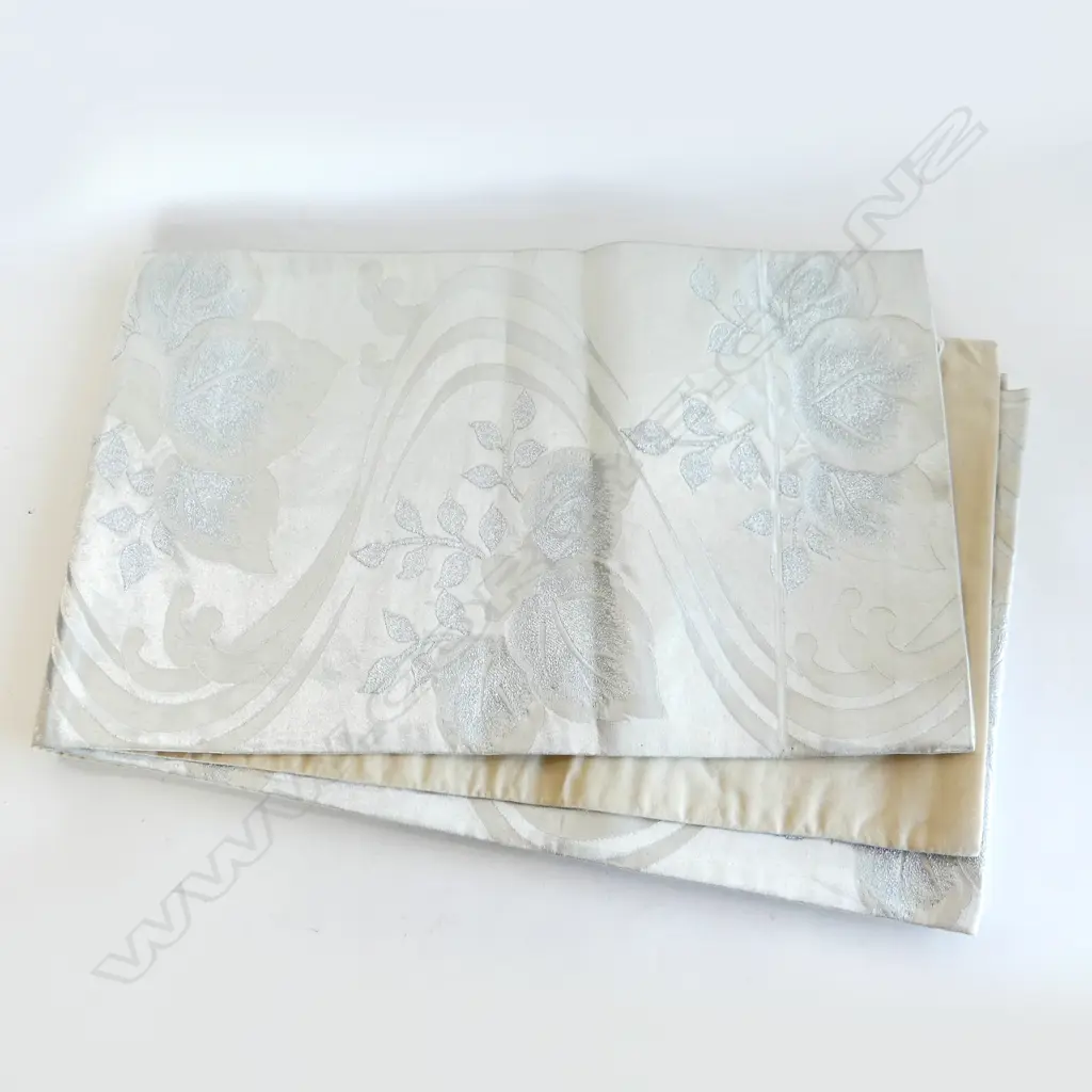 VINTAGE JAPANESE SILK OBI SILVER THREAD FOLIAGE PATTERN L.4100mm Image 1++