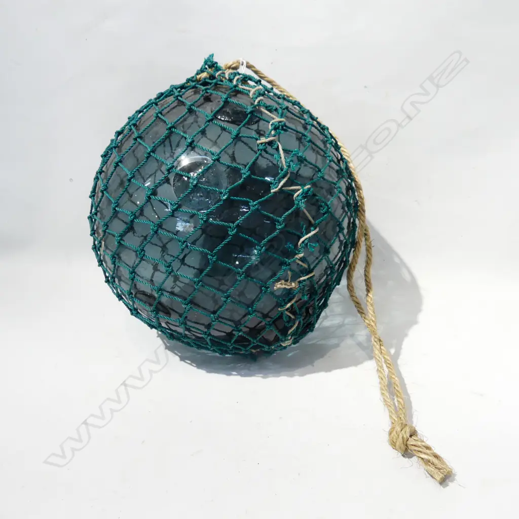 OLD GLASS FISHING FLOAT WITH NETTING APPROX DIA 320mm hand blown Image 1++