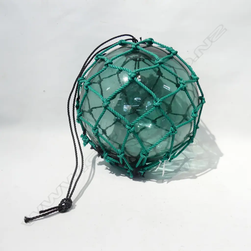OLD GLASS FISHING FLOAT WITH NETTING APPROX DIA 320mm hand blown Image 1++