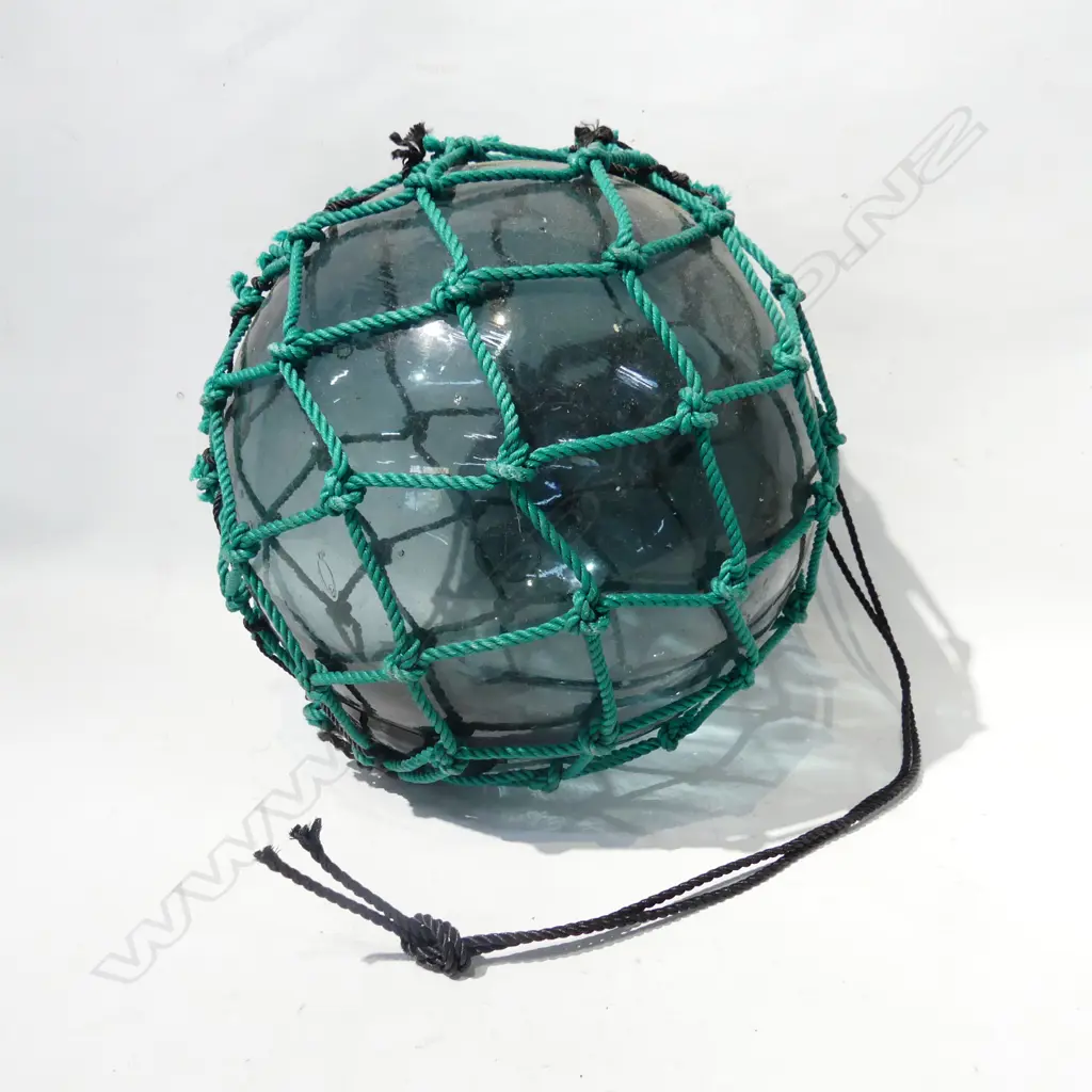 OLD GLASS FISHING FLOAT WITH NETTING APPROX DIA 320mm hand blown Image 1++