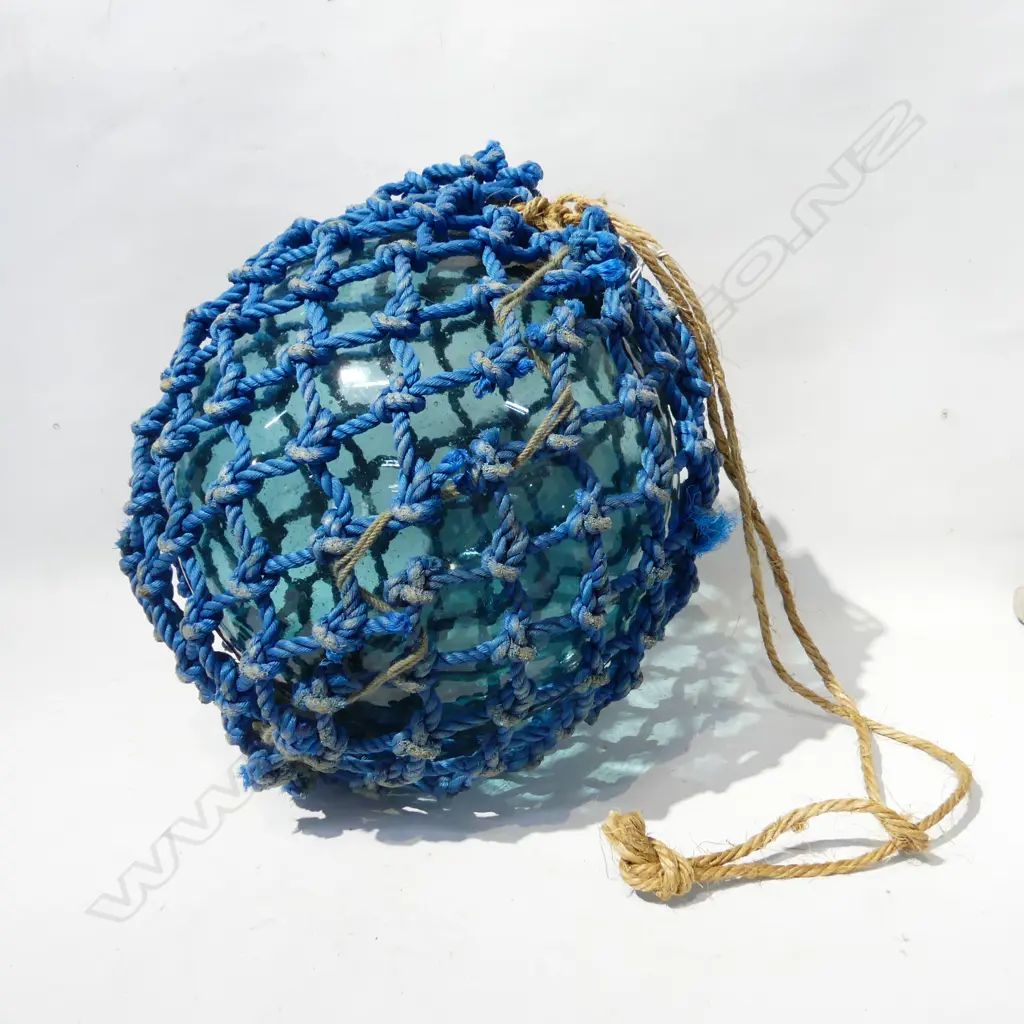 OLD GLASS FISHING FLOAT WITH NETTING APPROX DIA 340mm hand blown Image 1++